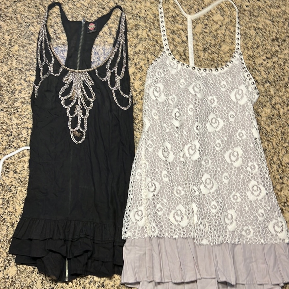 Free People Tunics Embroidered Beaded Ruffled Hem Tops